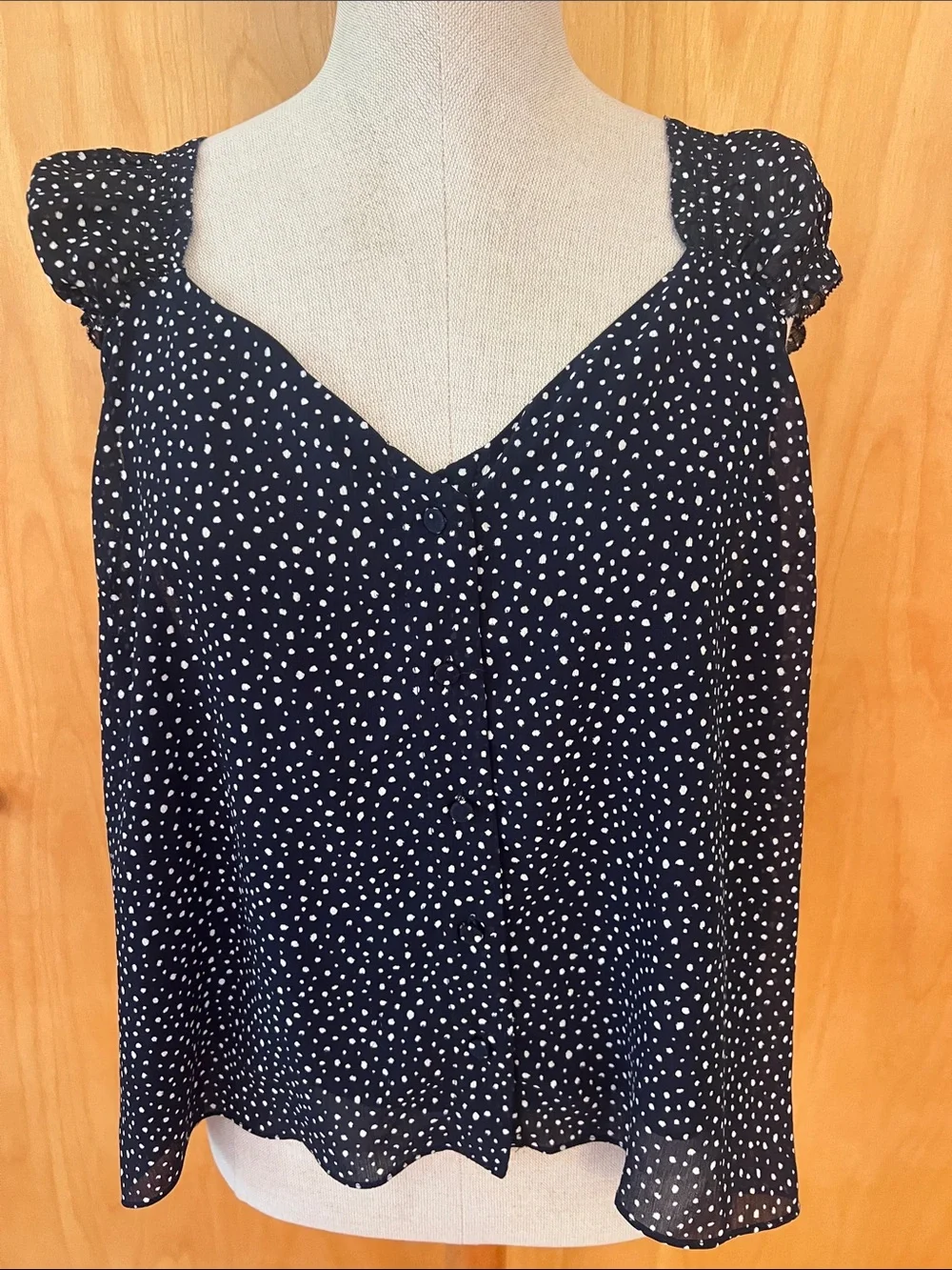 J. Crew Navy Polka Dot Ruffle Strap Blouse